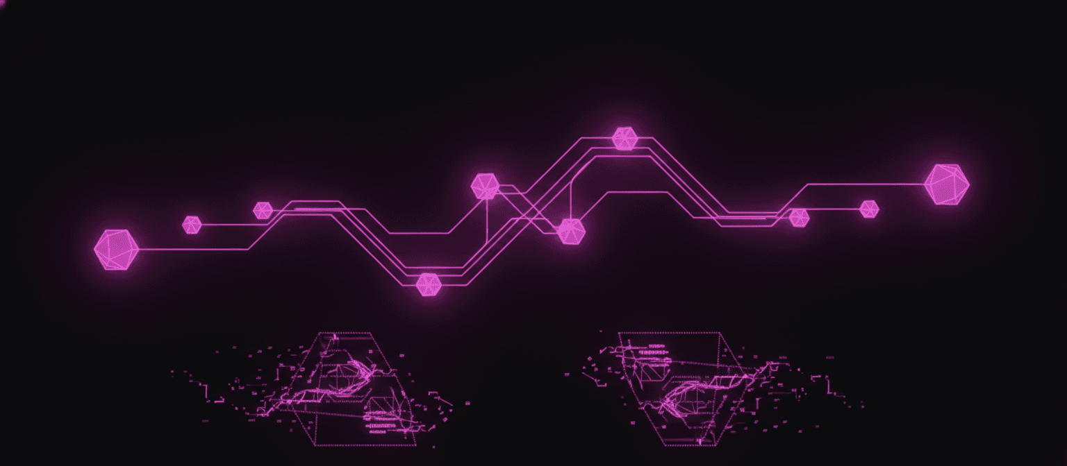 Photo of the Building Trades School at night. The building is illuminated inside with different colored lights and illuminated outside with white dots.